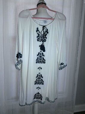 CC CHIC CONNECTION 3/4 Slve Scp Tie Neck White w/Black Embroidery Lined Dress L